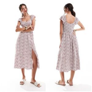 Hollister Short Sleeve Floral Midi Dress Size Large Smocked Slit Cottagecore